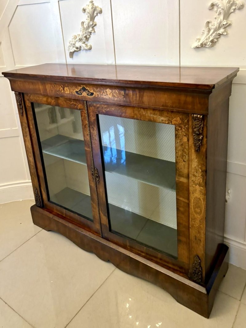 Antique Victorian Quality Figured Burr Walnut & Marquetry Inlaid Display Cabinet